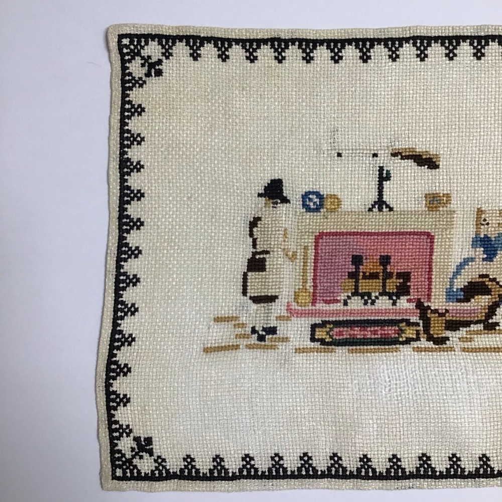 Americana Cross Stitch Sampler Colonial Pilgrim Doily Art Complete 11x12 Vintage - Picture 13 of 16